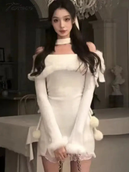 Y2K Winter Christmas Party Dress Women Sexy Slash Neck Off Shoulder Faux Fur Patchwork Female Wrap Hip Slim Knitted Dresses New