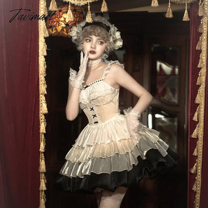 Tavmart Paris Sunset Fashion Loli Jsk Waist Fishbone Large Swing Gauze Lolita Summer Dress Japanese Girls Kawaii Bow Lace With Falsie