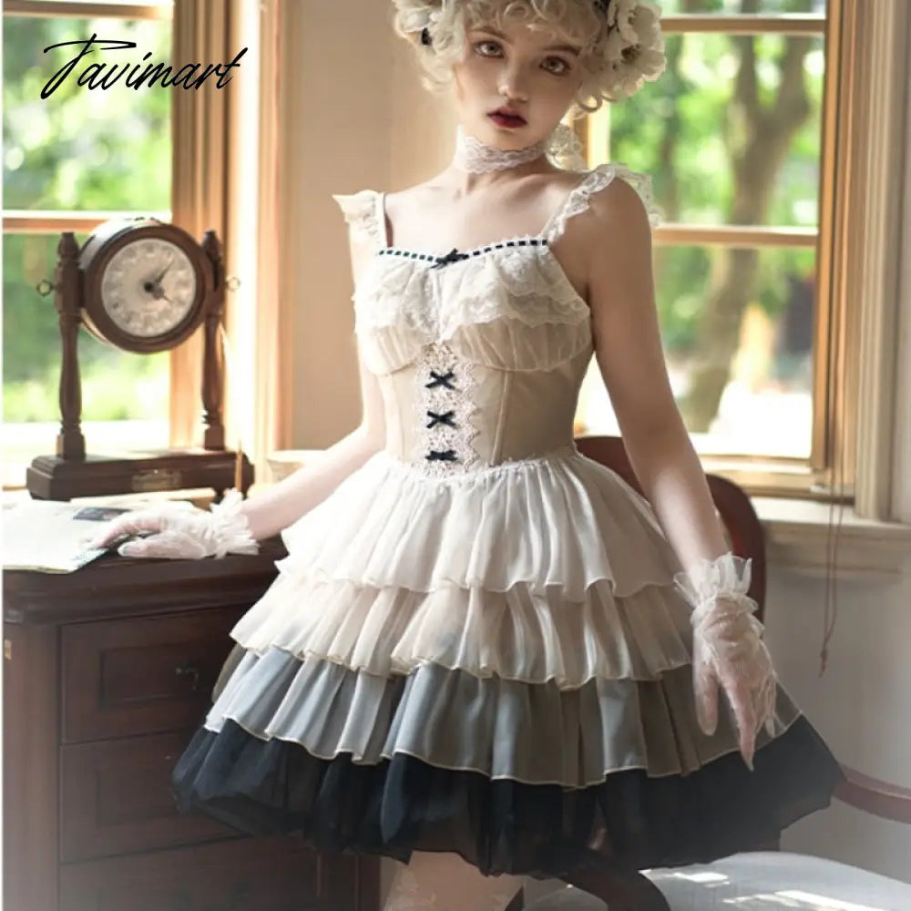 Tavmart Paris Sunset Fashion Loli Jsk Waist Fishbone Large Swing Gauze Lolita Summer Dress Japanese Girls Kawaii Bow Lace With Falsie