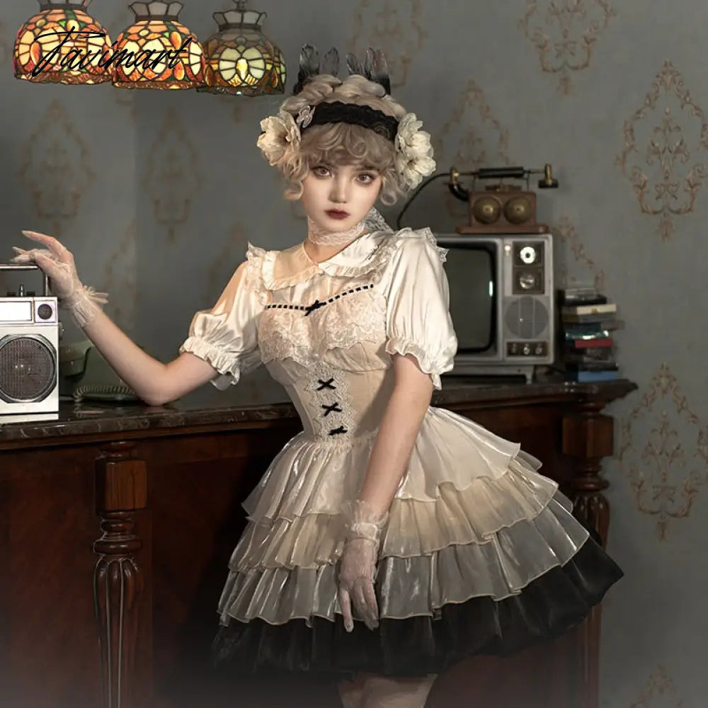 Tavmart Paris Sunset Fashion Loli Jsk Waist Fishbone Large Swing Gauze Lolita Summer Dress Japanese Girls Kawaii Bow Lace With Falsie