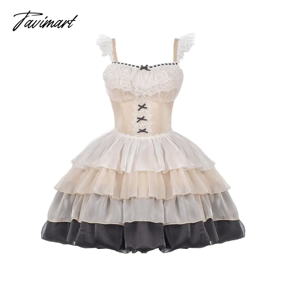 Tavmart Paris Sunset Fashion Loli Jsk Waist Fishbone Large Swing Gauze Lolita Summer Dress Japanese Girls Kawaii Bow Lace With Falsie