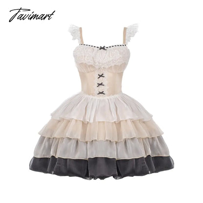 Tavmart Paris Sunset Fashion Loli Jsk Waist Fishbone Large Swing Gauze Lolita Summer Dress Japanese Girls Kawaii Bow Lace With Falsie