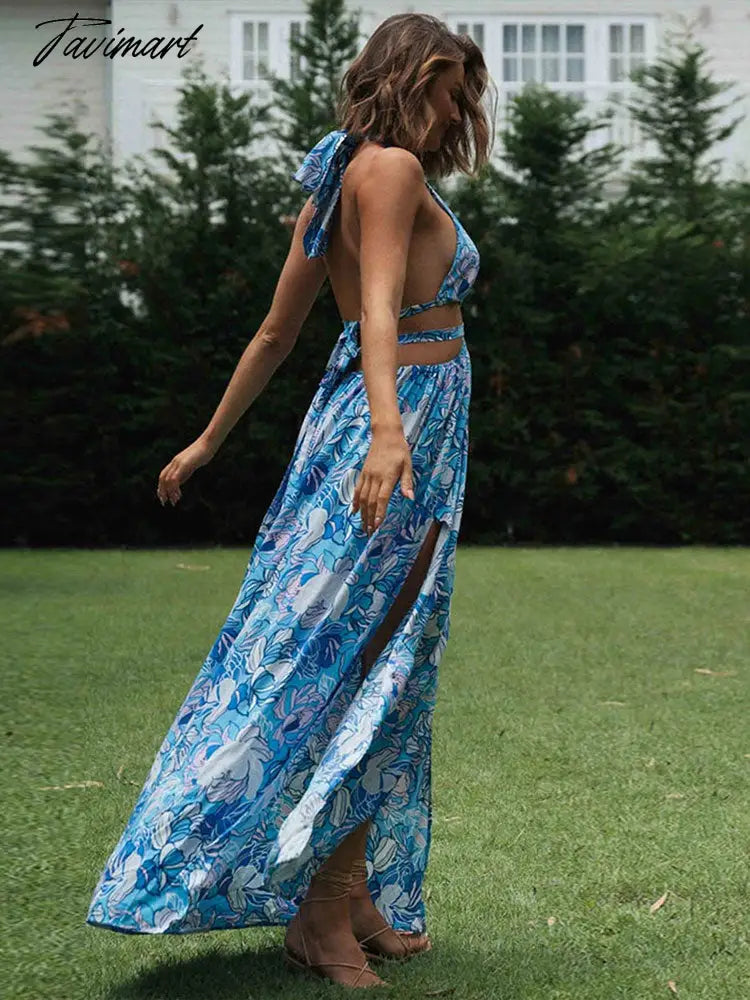 Tavmart Sexy Cross-Strap Print Dresses Summer Women High Split Maxi Dress Festa Female Party Evening Long Dress Vestidos A1269