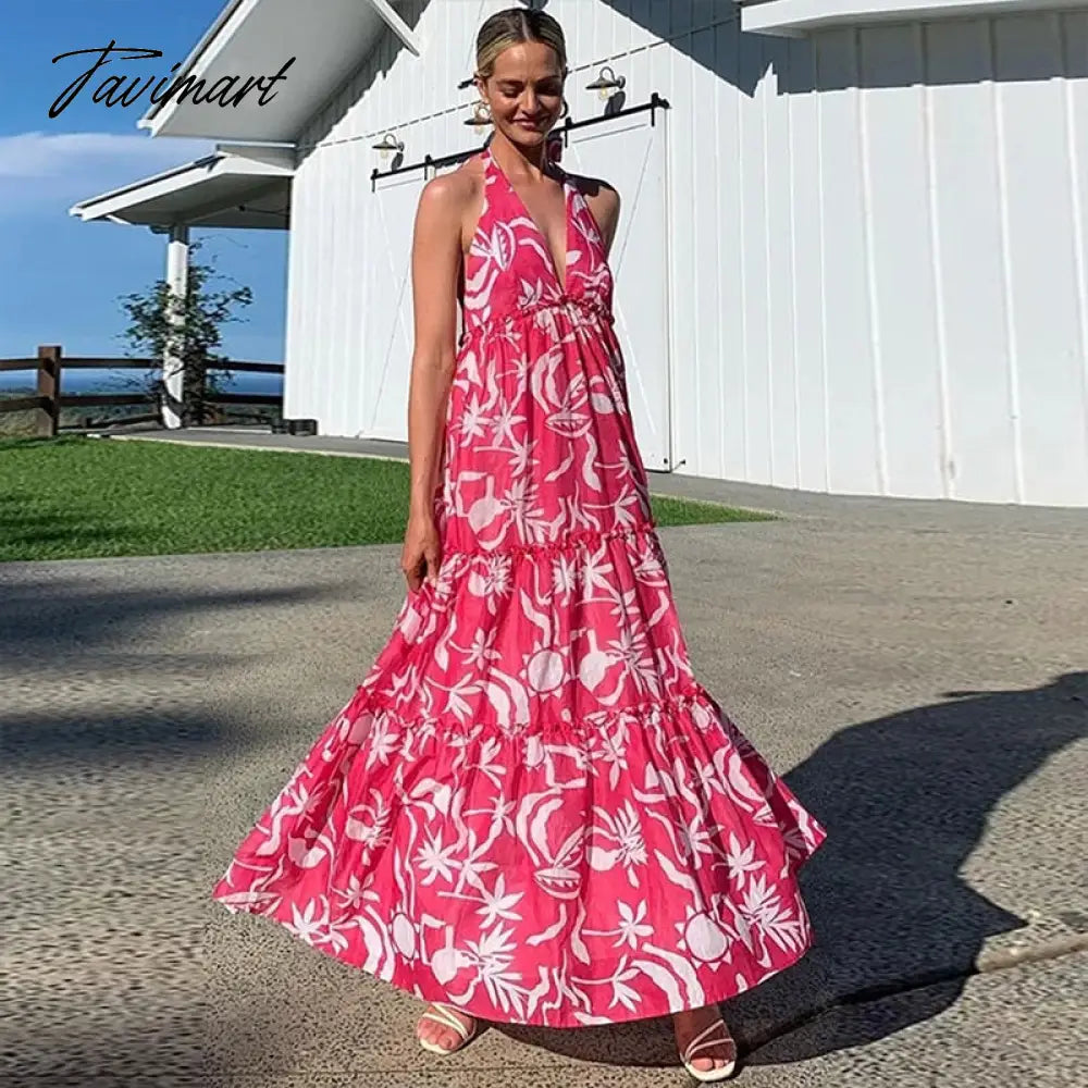 Tavmart Sexy Halter Backless Dress Women Summer Maxi Long Dress Pink Floral Boho A-line Elegant Beach Sleeveless Beach Dress A1506