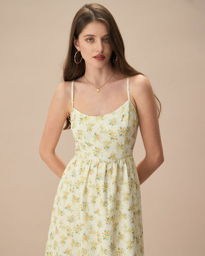 Scoop Neck Spaghetti Strap Gathered Waist Ditsy Floral Mini Dress