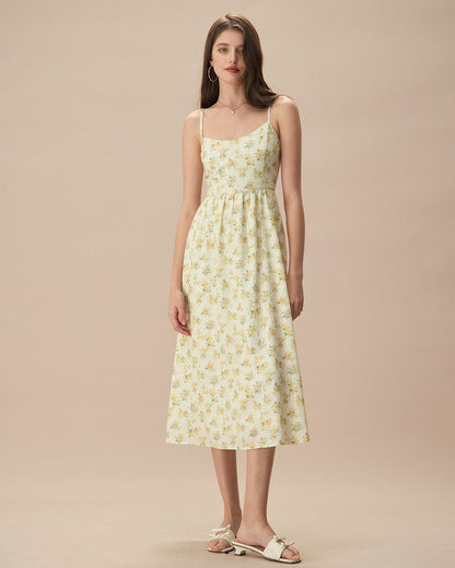 Scoop Neck Spaghetti Strap Gathered Waist Ditsy Floral Mini Dress
