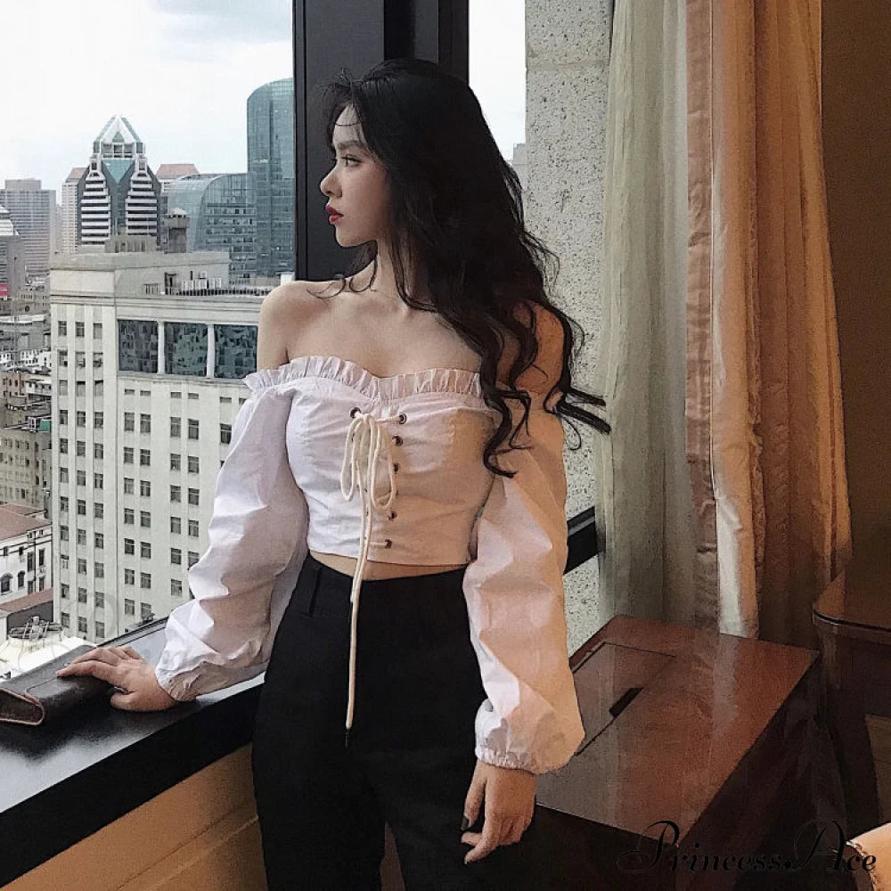 Top Sleeves Lace Ruffle Puff Tops Long Tops Crop Vintage Arm Up Bandage Blouse Shoulder Ladies Black Off With White