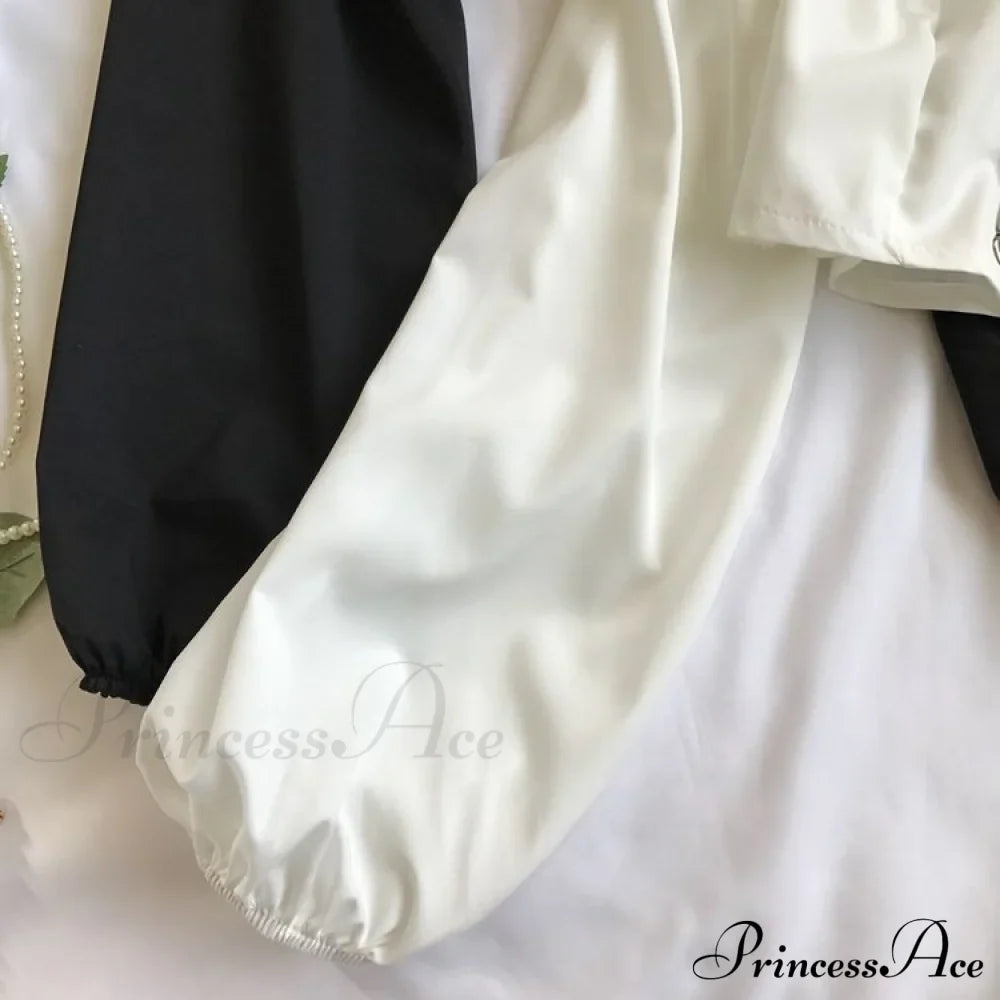 Top Sleeves Lace Ruffle Puff Tops Long Tops Crop Vintage Arm Up Bandage Blouse Shoulder Ladies Black Off With White