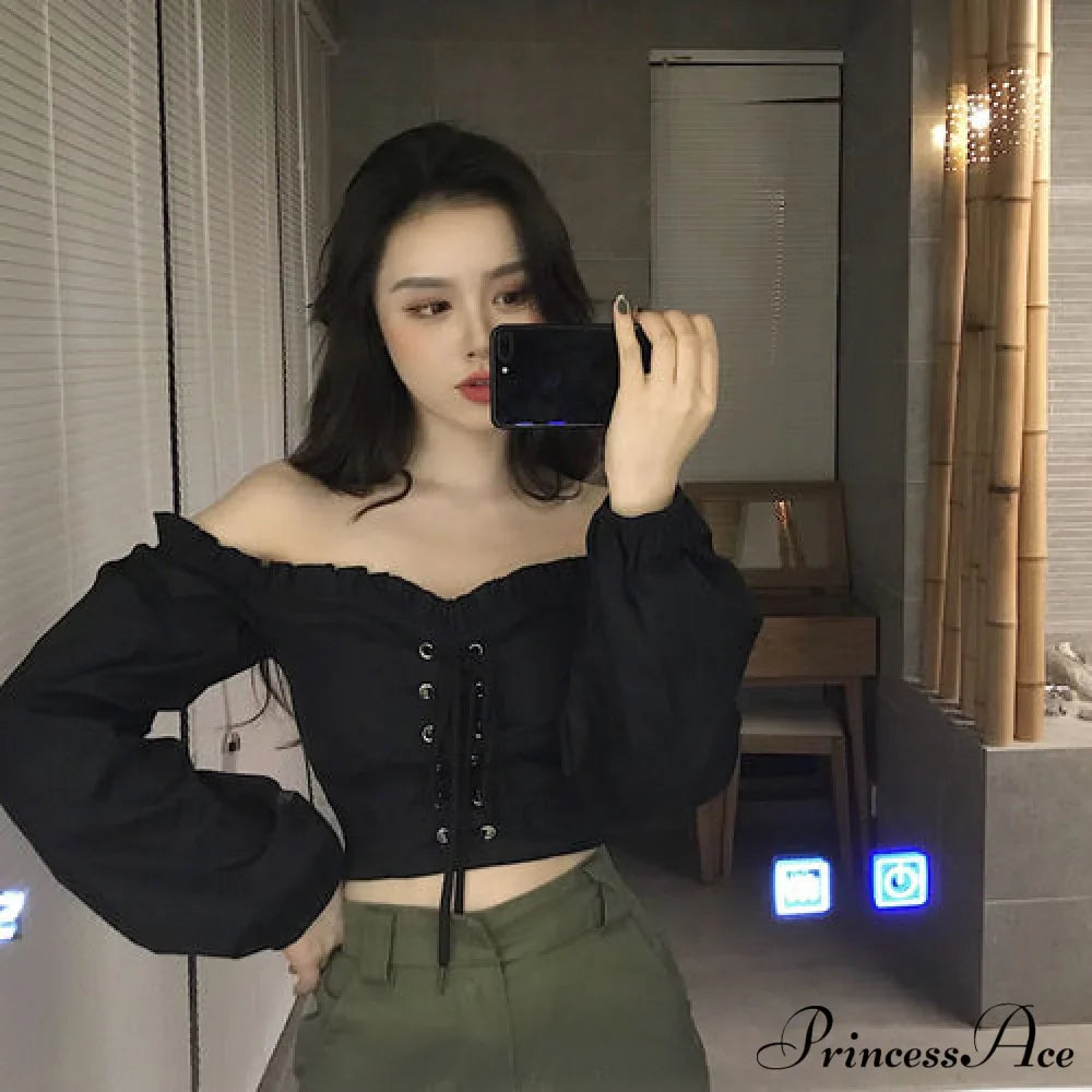 Top Sleeves Lace Ruffle Puff Tops Long Tops Crop Vintage Arm Up Bandage Blouse Shoulder Ladies Black Off With White
