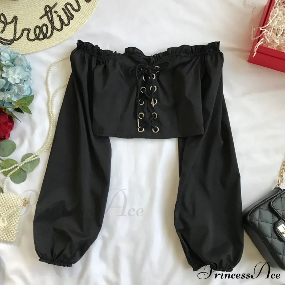 Top Sleeves Lace Ruffle Puff Tops Long Tops Crop Vintage Arm Up Bandage Blouse Shoulder Ladies Black Off With White