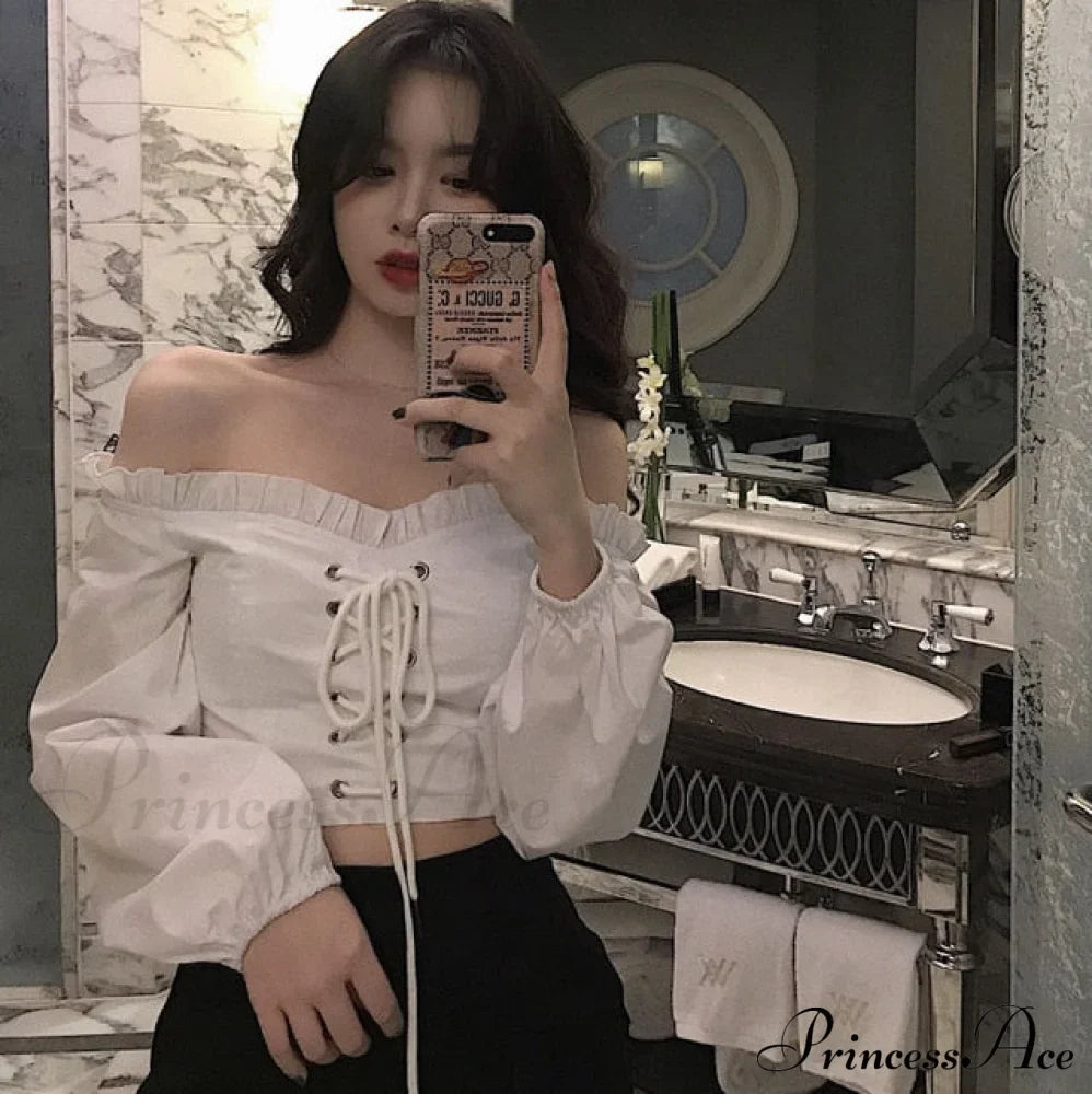 Top Sleeves Lace Ruffle Puff Tops Long Tops Crop Vintage Arm Up Bandage Blouse Shoulder Ladies Black Off With White