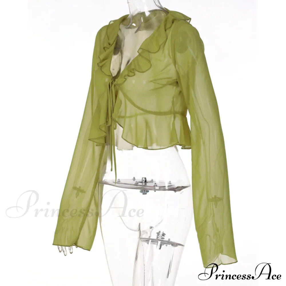 Trim Lace T-shirt 90s with Chiffon Ruffles Up and Vintage Green Detail