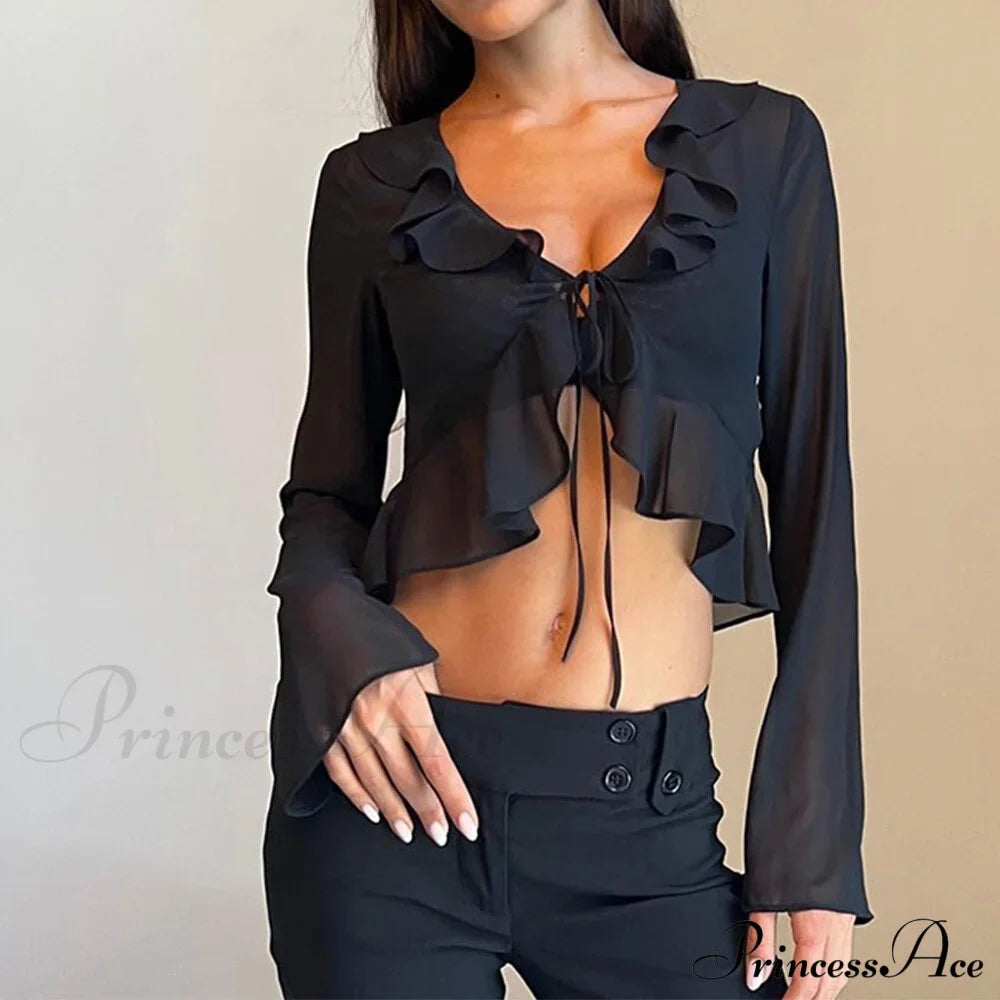 Trim Lace T-shirt 90s with Chiffon Ruffles Up and Vintage Green Detail