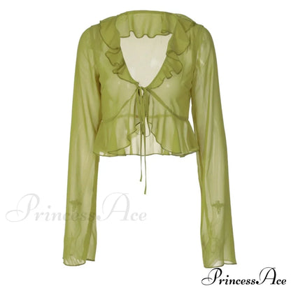 Trim Lace T-shirt 90s with Chiffon Ruffles Up and Vintage Green Detail