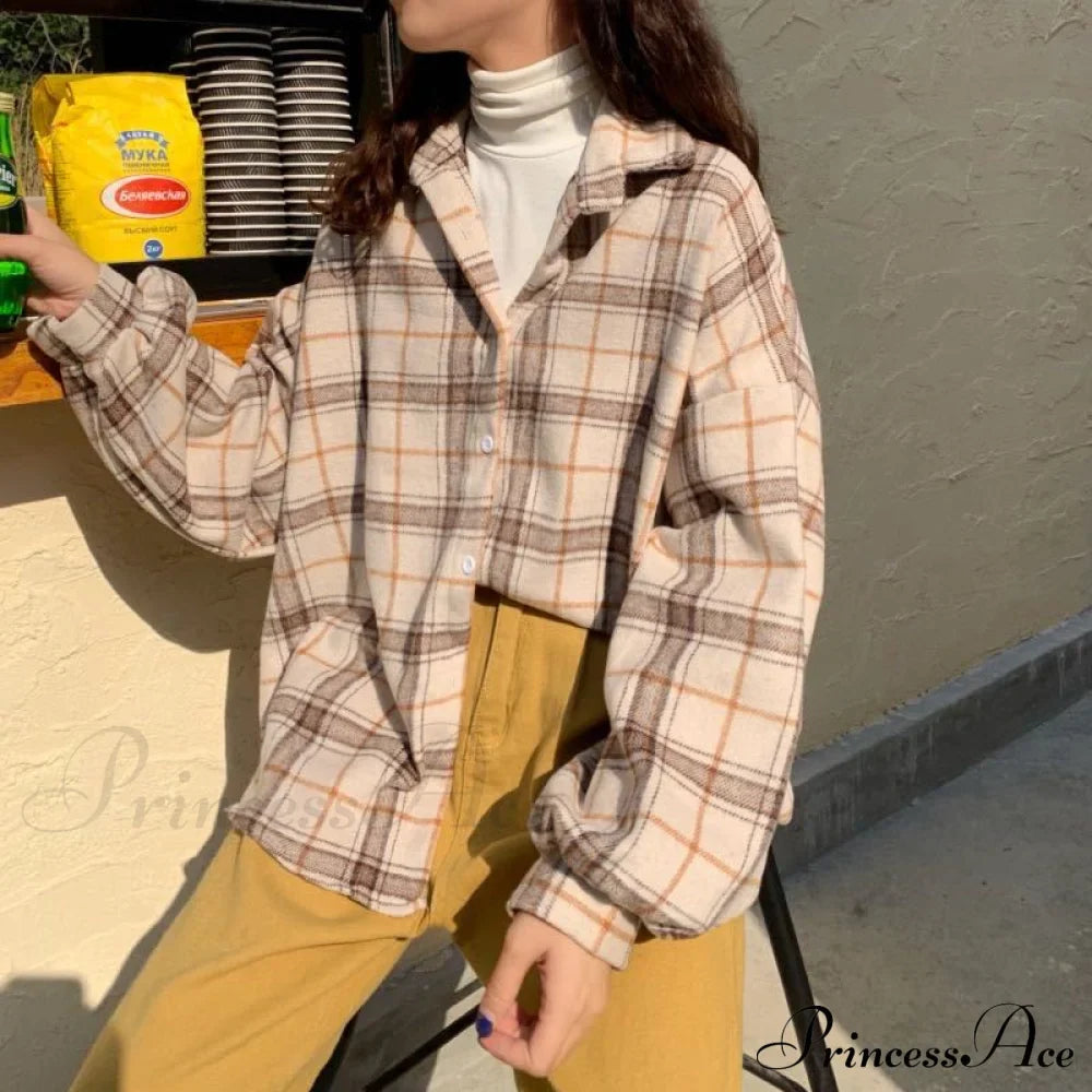 Turn-down Style Spring - Women's Plaid Outwear Loose 4 Neckline Blouse Harajuku with Fit Batwing-sleeve - - Colors
