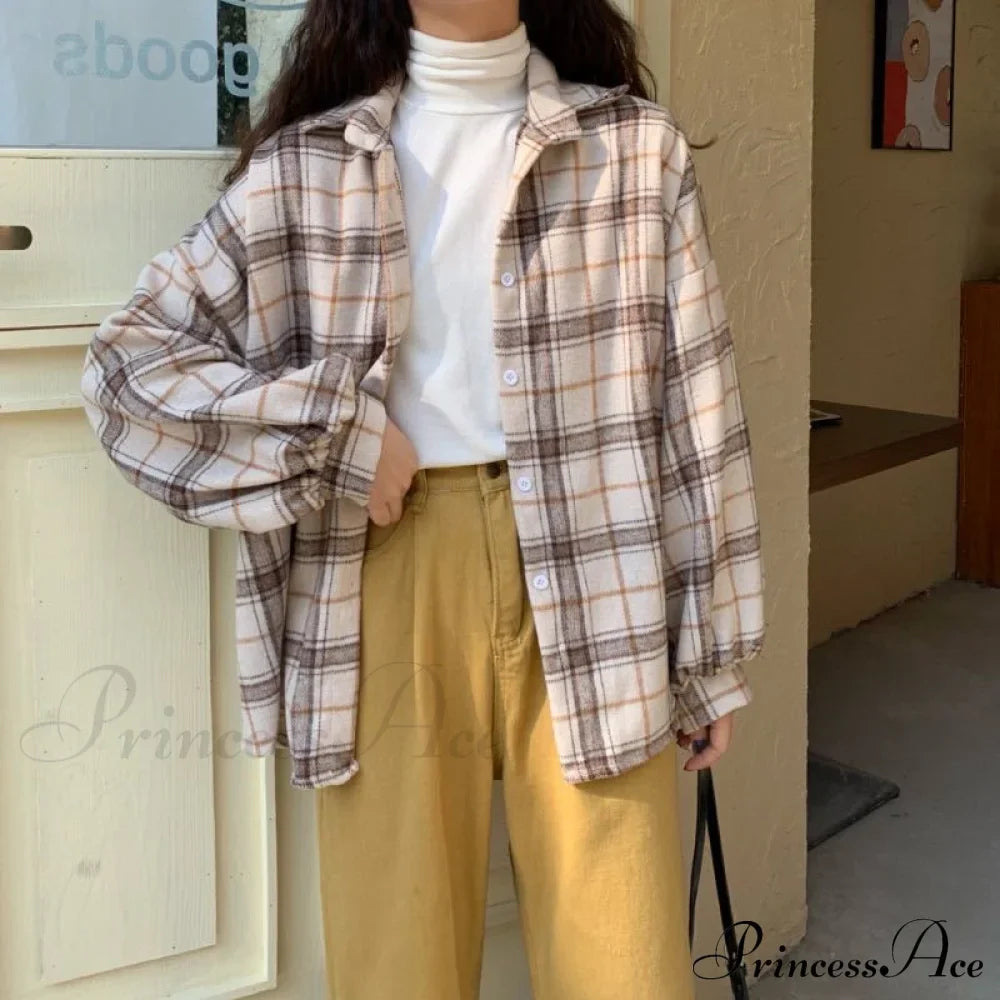 Turn-down Style Spring - Women's Plaid Outwear Loose 4 Neckline Blouse Harajuku with Fit Batwing-sleeve - - Colors