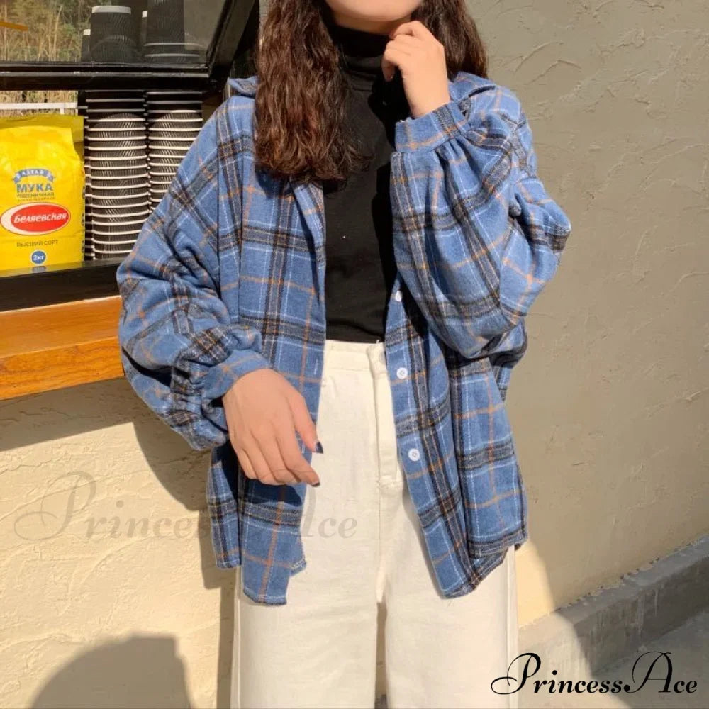 Turn-down Style Spring - Women's Plaid Outwear Loose 4 Neckline Blouse Harajuku with Fit Batwing-sleeve - - Colors