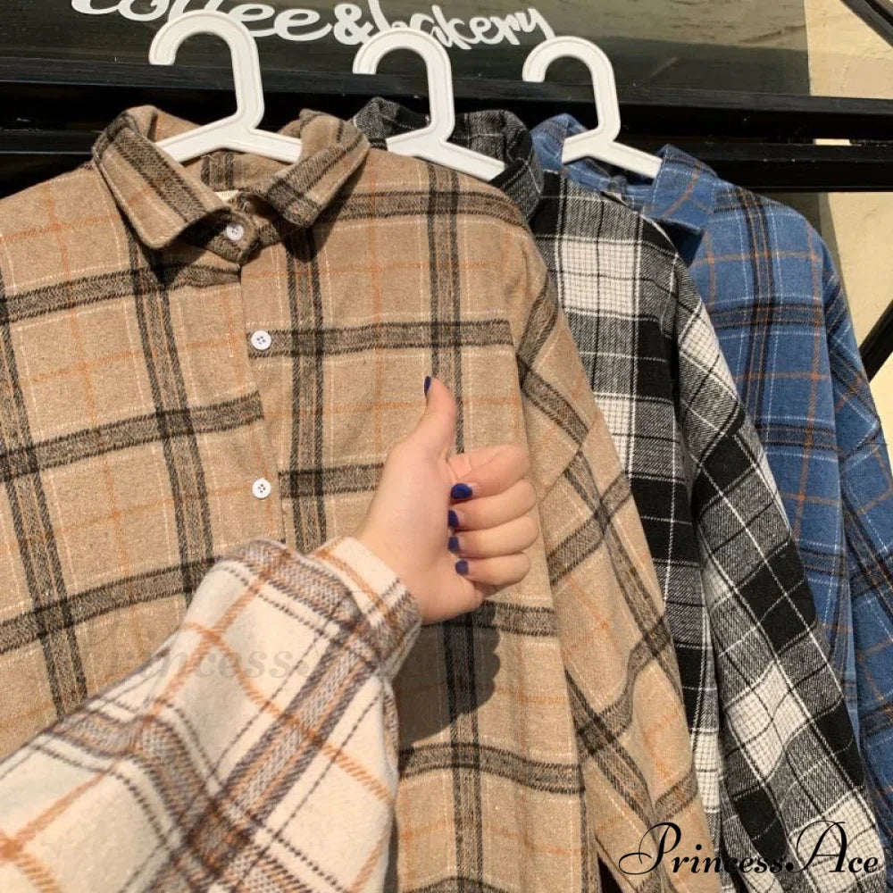 Turn-down Style Spring - Women's Plaid Outwear Loose 4 Neckline Blouse Harajuku with Fit Batwing-sleeve - - Colors
