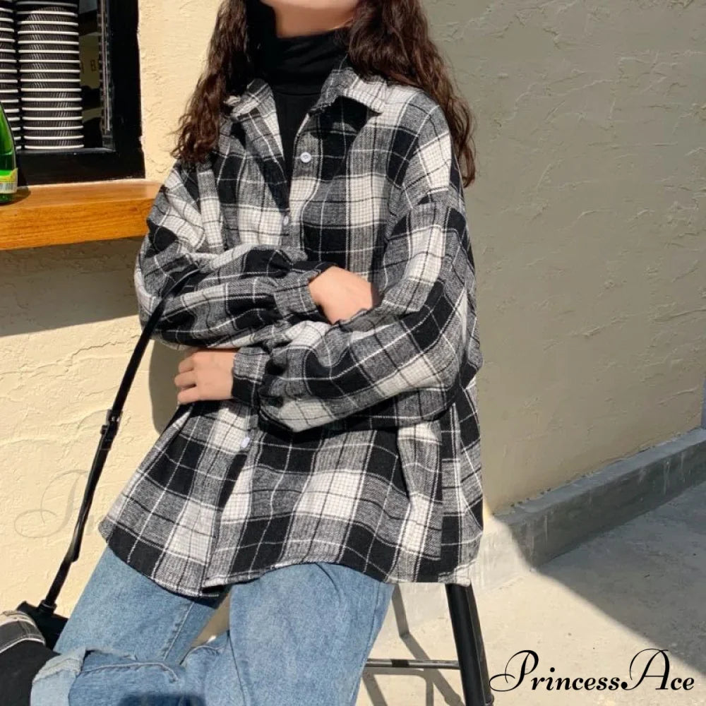 Turn-down Style Spring - Women's Plaid Outwear Loose 4 Neckline Blouse Harajuku with Fit Batwing-sleeve - - Colors