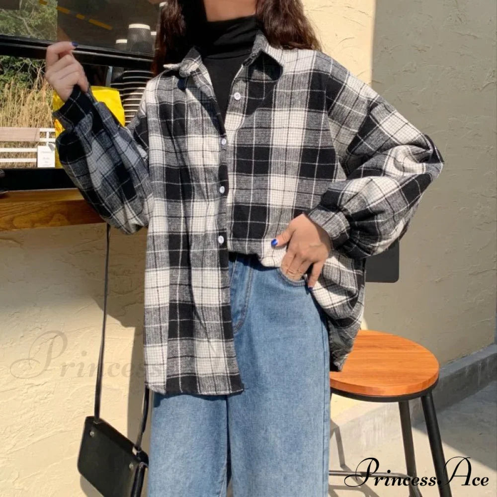 Turn-down Style Spring - Women's Plaid Outwear Loose 4 Neckline Blouse Harajuku with Fit Batwing-sleeve - - Colors