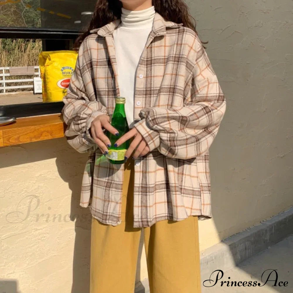 Turn-down Style Spring - Women's Plaid Outwear Loose 4 Neckline Blouse Harajuku with Fit Batwing-sleeve - - Colors