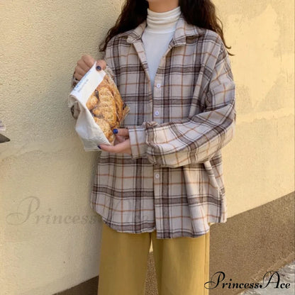Turn-down Style Spring - Women's Plaid Outwear Loose 4 Neckline Blouse Harajuku with Fit Batwing-sleeve - - Colors