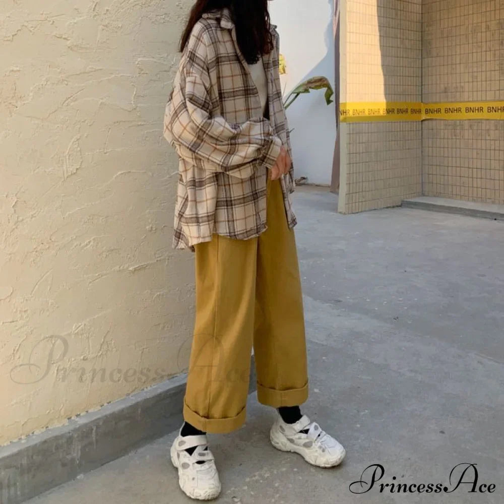 Turn-down Style Spring - Women's Plaid Outwear Loose 4 Neckline Blouse Harajuku with Fit Batwing-sleeve - - Colors
