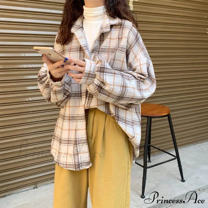 Turn-down Style Spring - Women's Plaid Outwear Loose 4 Neckline Blouse Harajuku with Fit Batwing-sleeve - - Colors