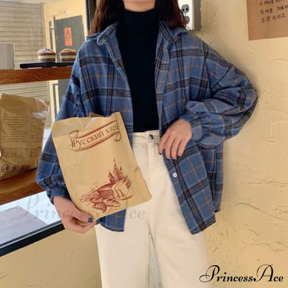 Turn-down Style Spring - Women's Plaid Outwear Loose 4 Neckline Blouse Harajuku with Fit Batwing-sleeve - - Colors