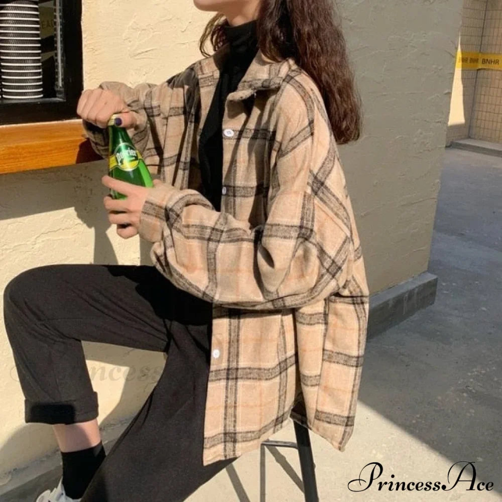Turn-down Style Spring - Women's Plaid Outwear Loose 4 Neckline Blouse Harajuku with Fit Batwing-sleeve - - Colors