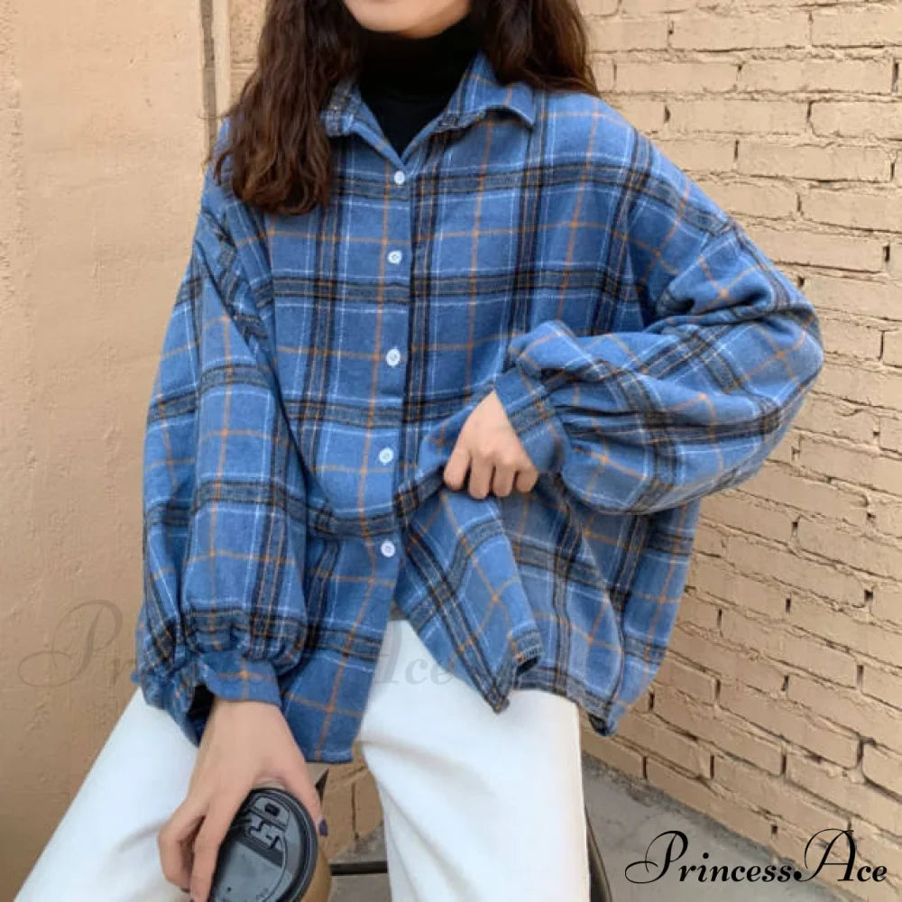 Turn-down Style Spring - Women's Plaid Outwear Loose 4 Neckline Blouse Harajuku with Fit Batwing-sleeve - - Colors