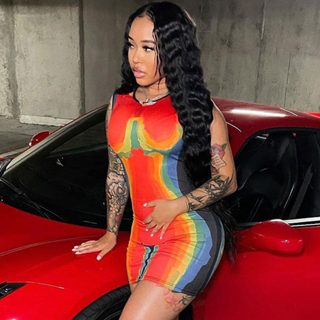 Crew Neck Thermal Body Print Sleeveless Bodycon Mini Dress