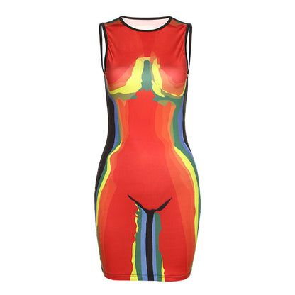 Crew Neck Thermal Body Print Sleeveless Bodycon Mini Dress