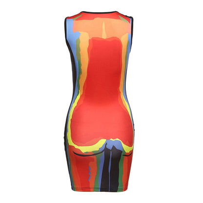 Crew Neck Thermal Body Print Sleeveless Bodycon Mini Dress