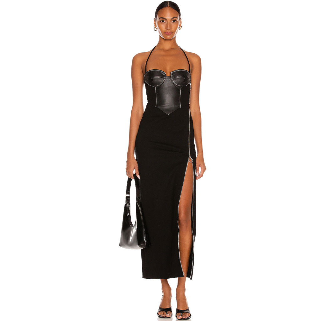 Halter Faux Leather Corset Panel Zip Thigh Slit Column Maxi Dress