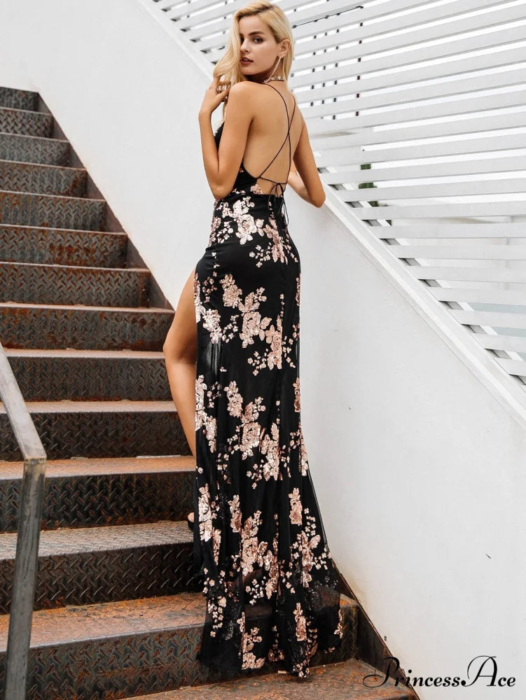 Up Split - Lace Party Halter Long Sequin Gown for Full-Length Gown Evening High with Length Sexy Women