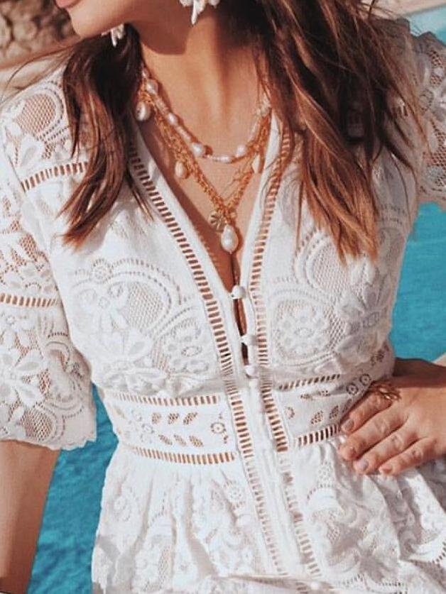 Lace V-Neck Button Front Bell Sleeve Hollow-Out Trim A-Line Midi Dress