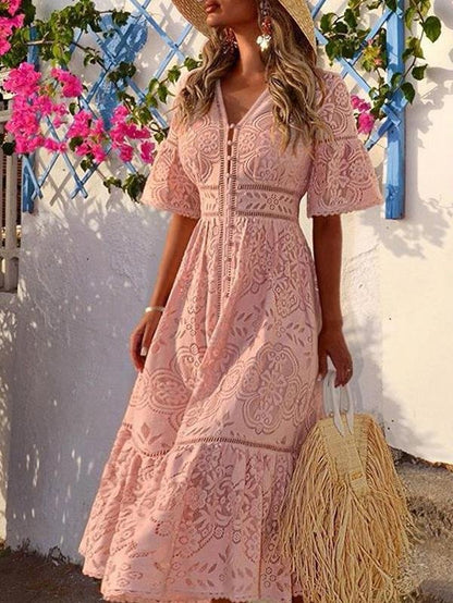 Lace V-Neck Button Front Bell Sleeve Hollow-Out Trim A-Line Midi Dress