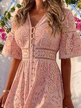 Lace V-Neck Button Front Bell Sleeve Hollow-Out Trim A-Line Midi Dress