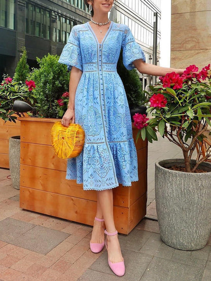 Lace V-Neck Button Front Bell Sleeve Hollow-Out Trim A-Line Midi Dress