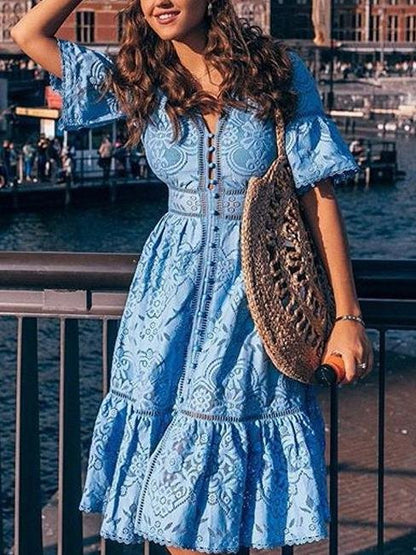 Lace V-Neck Button Front Bell Sleeve Hollow-Out Trim A-Line Midi Dress