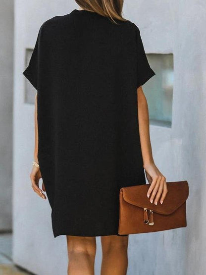 V-Neck Rolled Cuff Short Sleeve Center Seam Shift Mini Dress