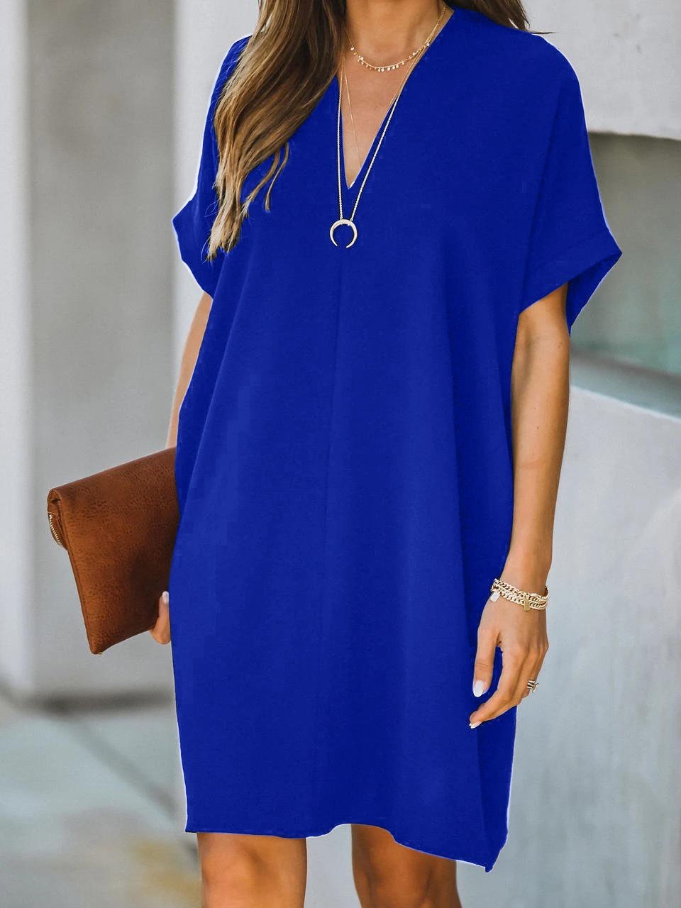 V-Neck Rolled Cuff Short Sleeve Center Seam Shift Mini Dress