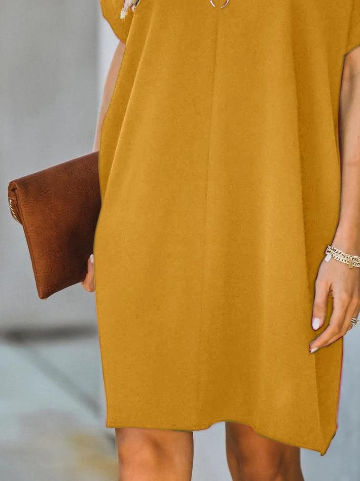 V-Neck Rolled Cuff Short Sleeve Center Seam Shift Mini Dress