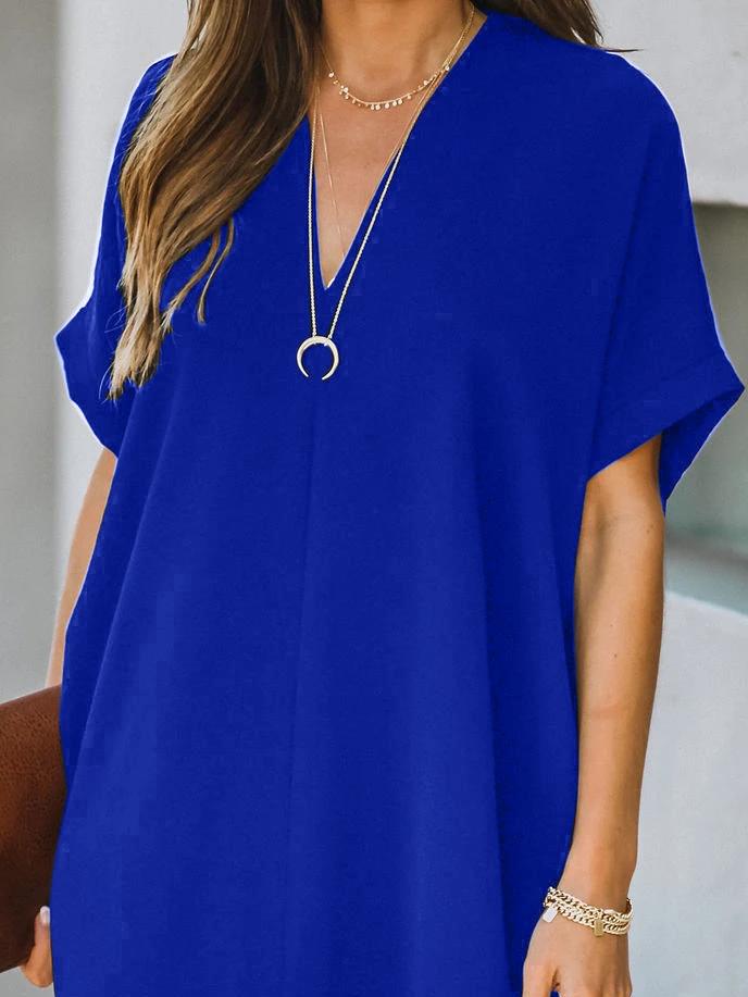V-Neck Rolled Cuff Short Sleeve Center Seam Shift Mini Dress