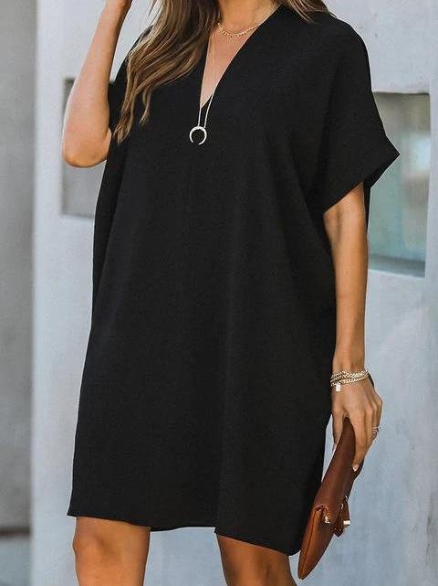 V-Neck Rolled Cuff Short Sleeve Center Seam Shift Mini Dress