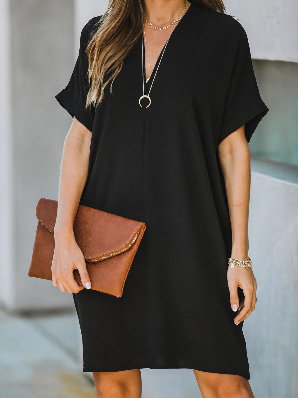 V-Neck Rolled Cuff Short Sleeve Center Seam Shift Mini Dress