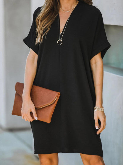 V-Neck Rolled Cuff Short Sleeve Center Seam Shift Mini Dress