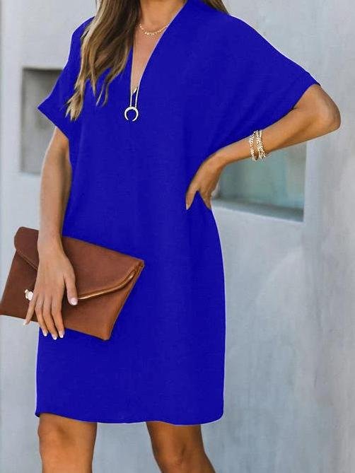 V-Neck Rolled Cuff Short Sleeve Center Seam Shift Mini Dress