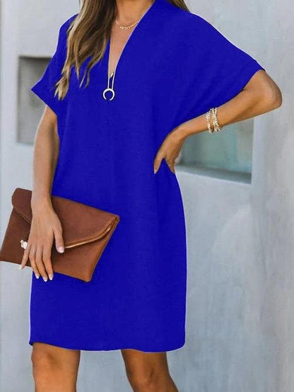 V-Neck Rolled Cuff Short Sleeve Center Seam Shift Mini Dress
